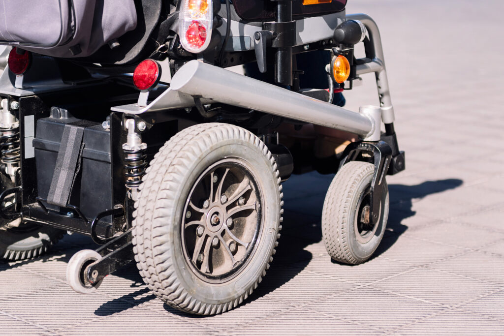 Closeup of a power wheelchair